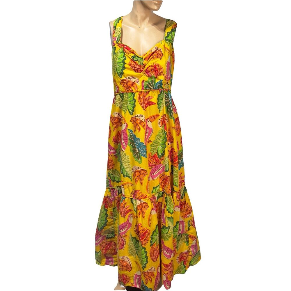 Farm Rio Yellow Beaks & Bananas Tropical Toucan Midi Maxi Dress Cotton Size XL